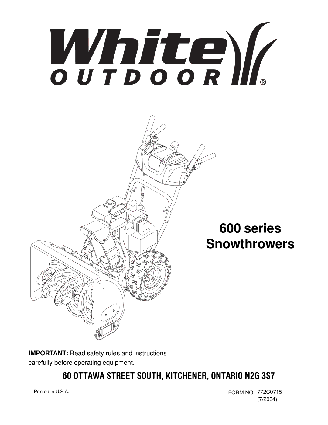 White Outdoor 772C0715 manual Series Snowthrowers 