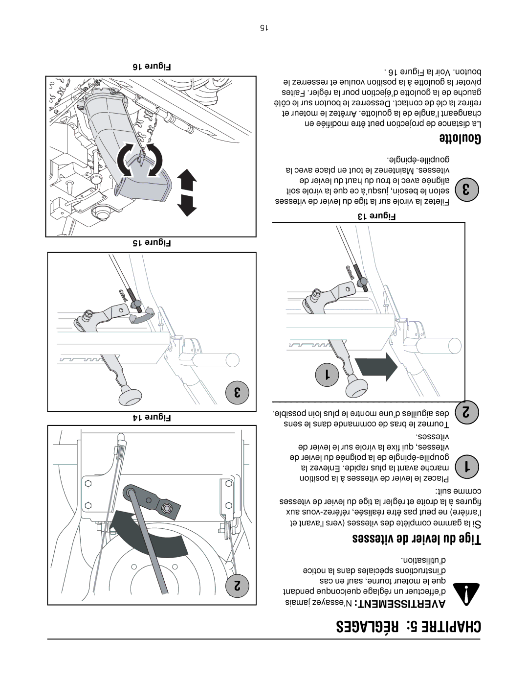 White Outdoor 772C0715 manual Réglages 5 Chapitre, Vitesses de levier du Tige, Goulotte 