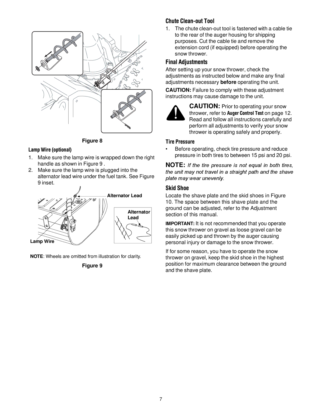 White Outdoor 772C0715 manual Chute Clean-out Tool, Final Adjustments, Skid Shoe 