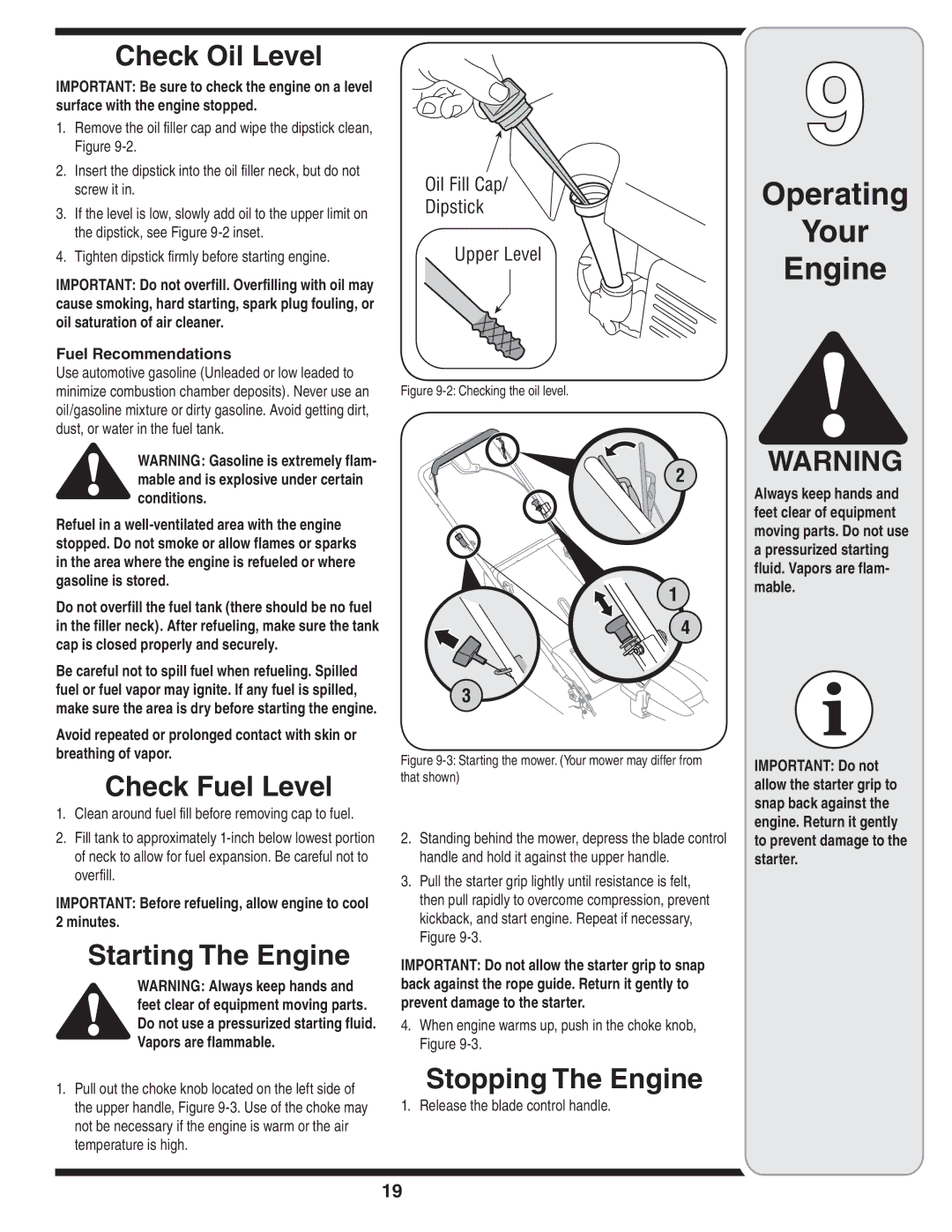 White Outdoor 83M warranty Check Oil Level, Check Fuel Level, Starting The Engine, Stopping The Engine 