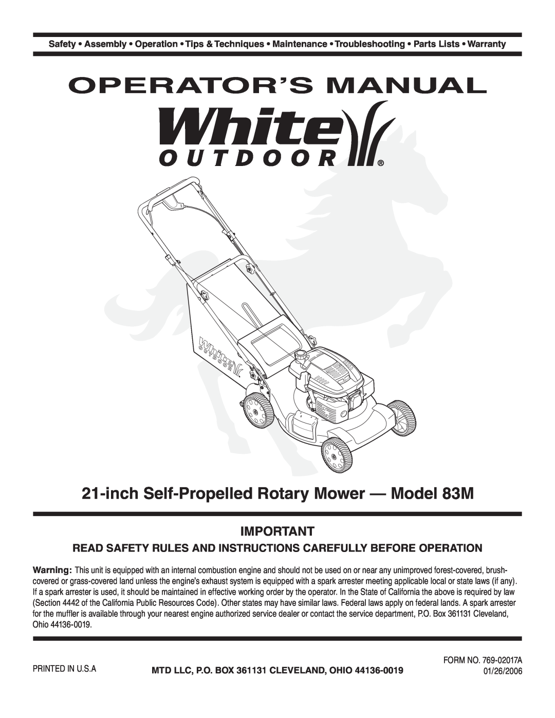 White Outdoor warranty Operator’S Manual, inch Self-Propelled Rotary Mower - Model 83M 