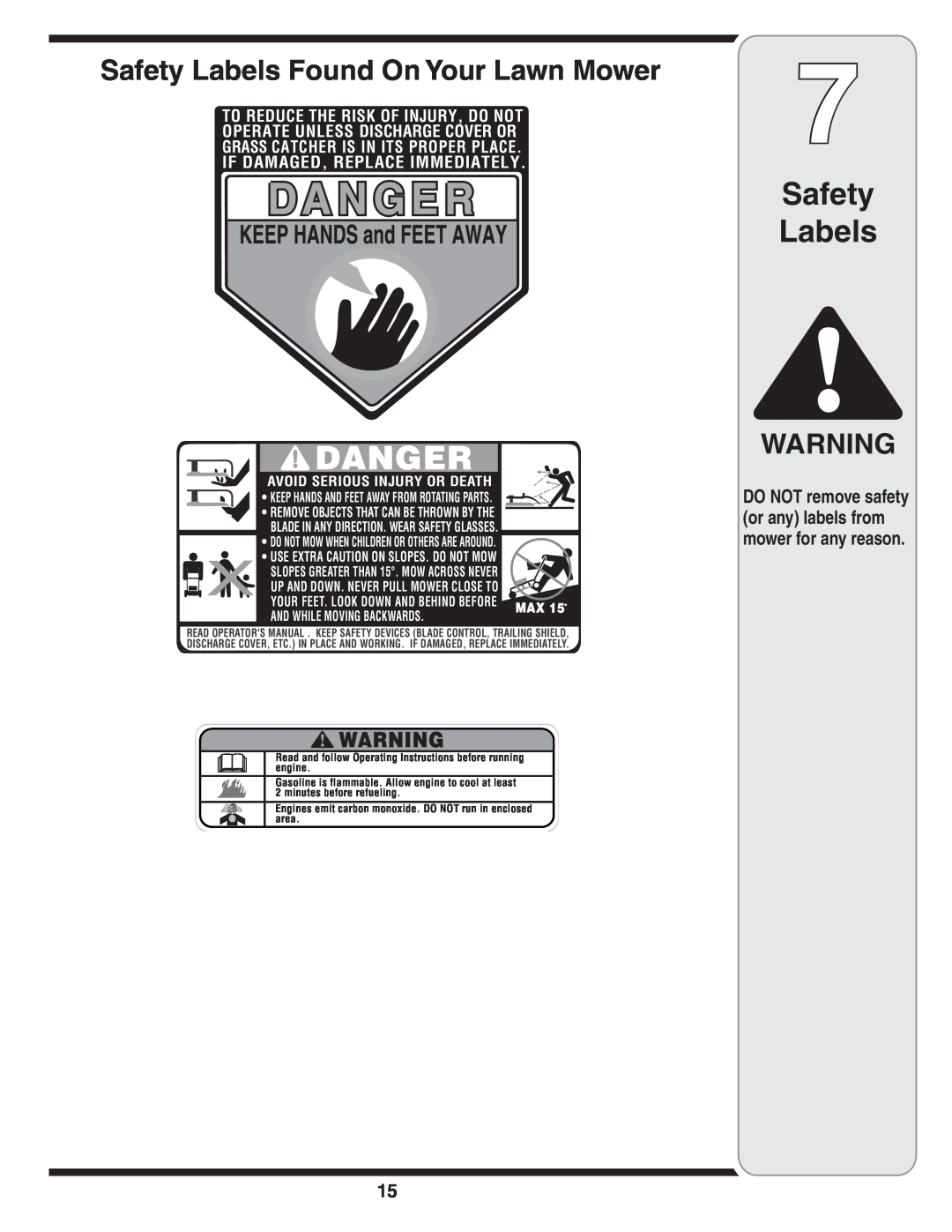 White Outdoor 83M Safety Labels Found On Your Lawn Mower, DO NOT remove safety or any labels from mower for any reason 