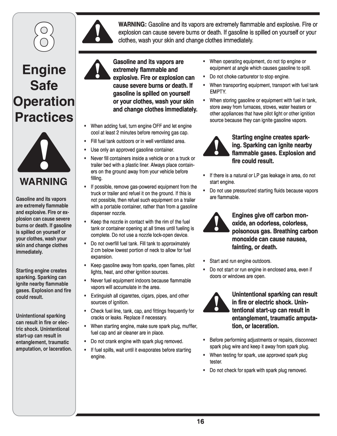 White Outdoor 83M warranty Engine Safe Operation Practices 