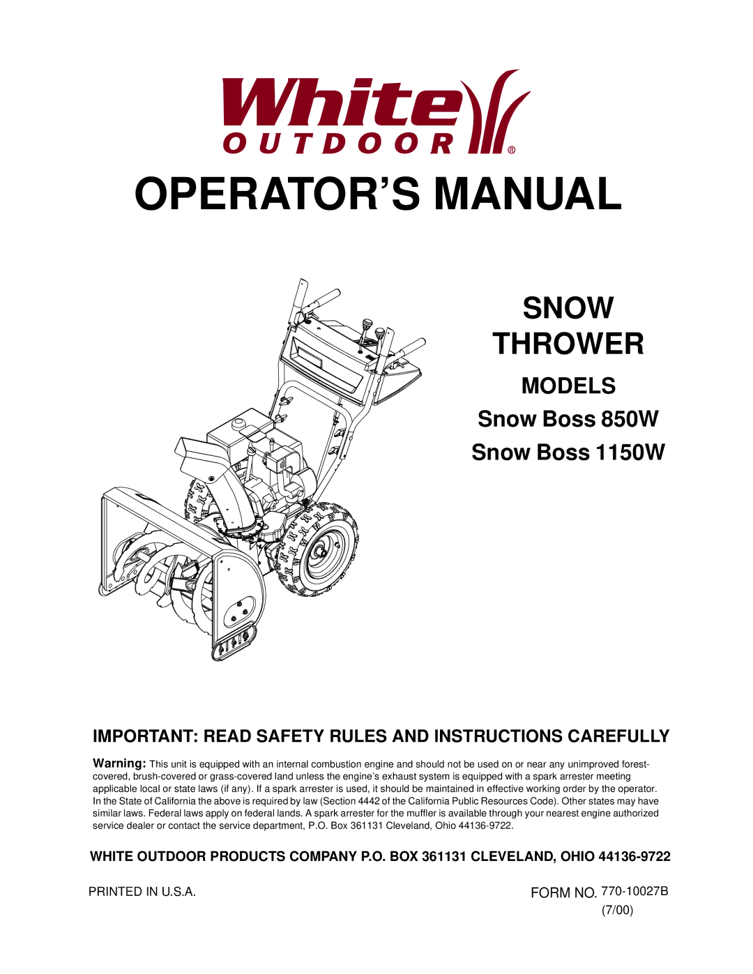 White Outdoor 1150W, 850W manual OPERATOR’S Manual 