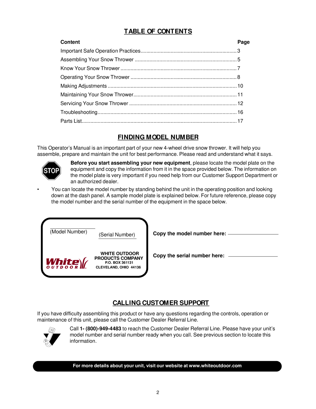 White Outdoor 855 manual Table of Contents 