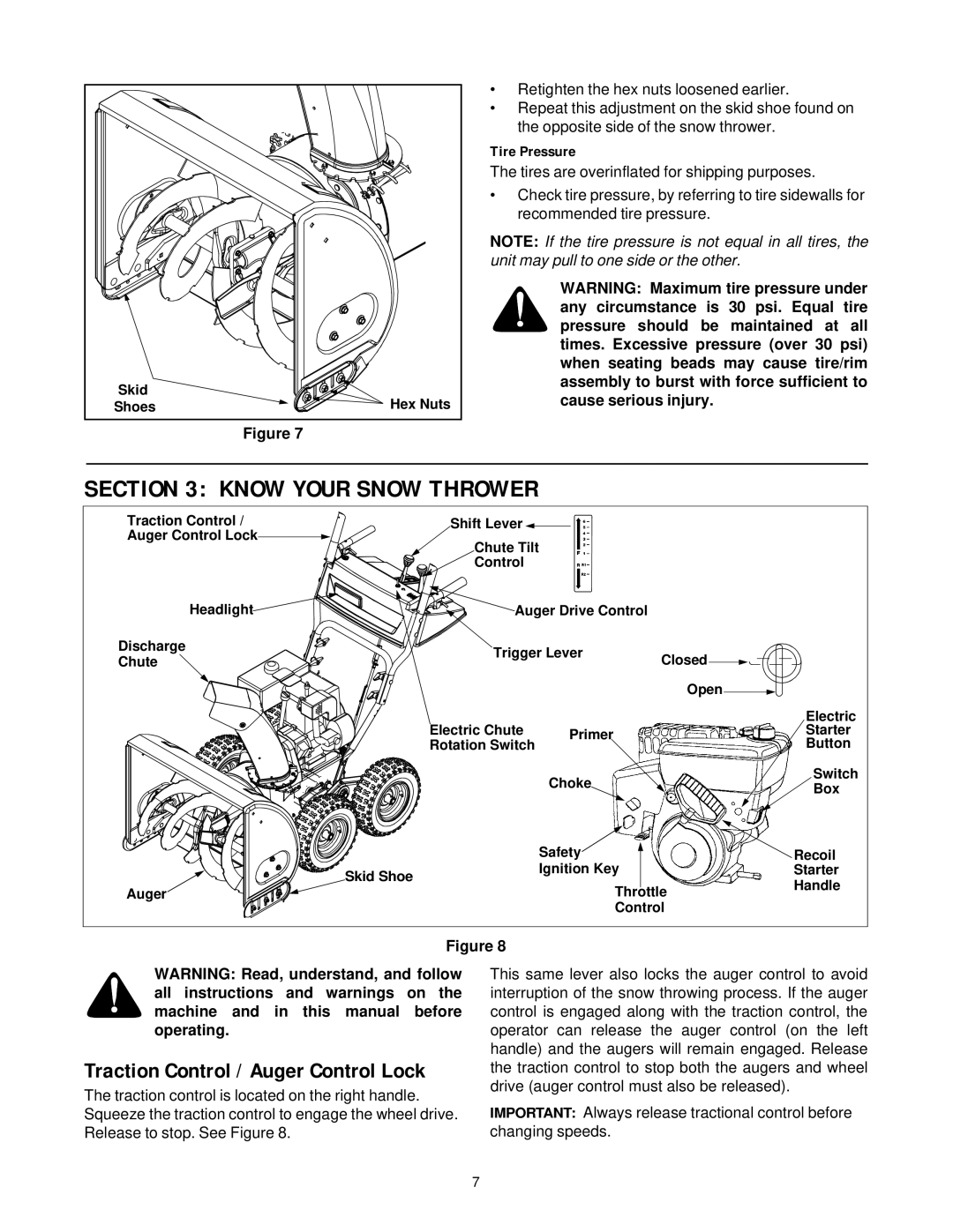 White Outdoor 855 manual Know Your Snow Thrower, Tire Pressure 