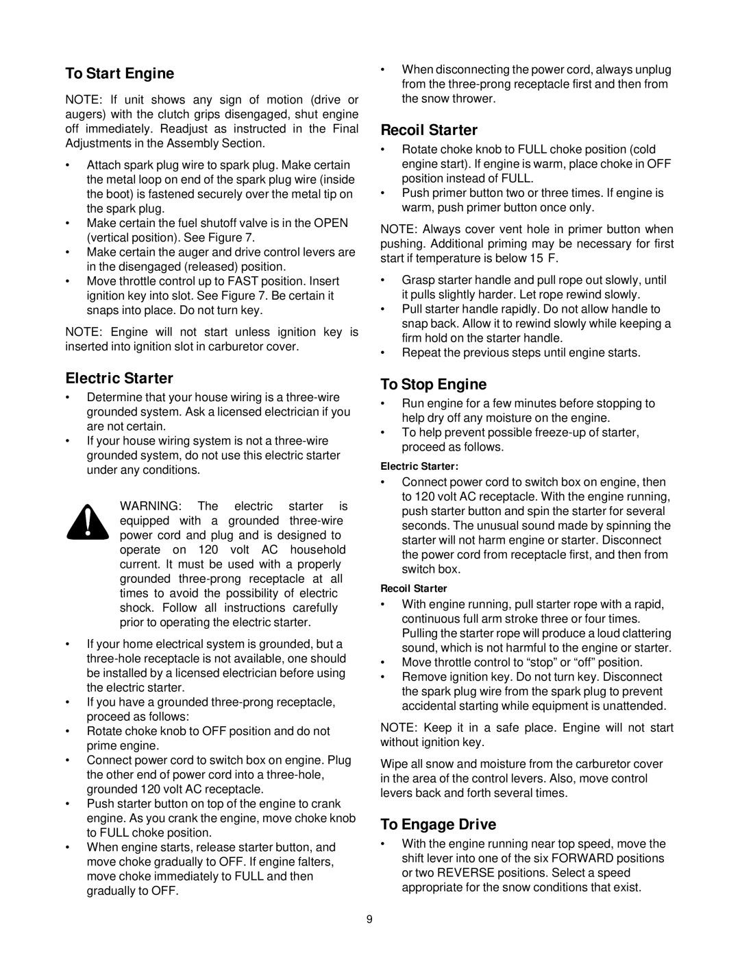 White Outdoor 855 manual To Start Engine, Electric Starter, Recoil Starter, To Stop Engine, To Engage Drive 