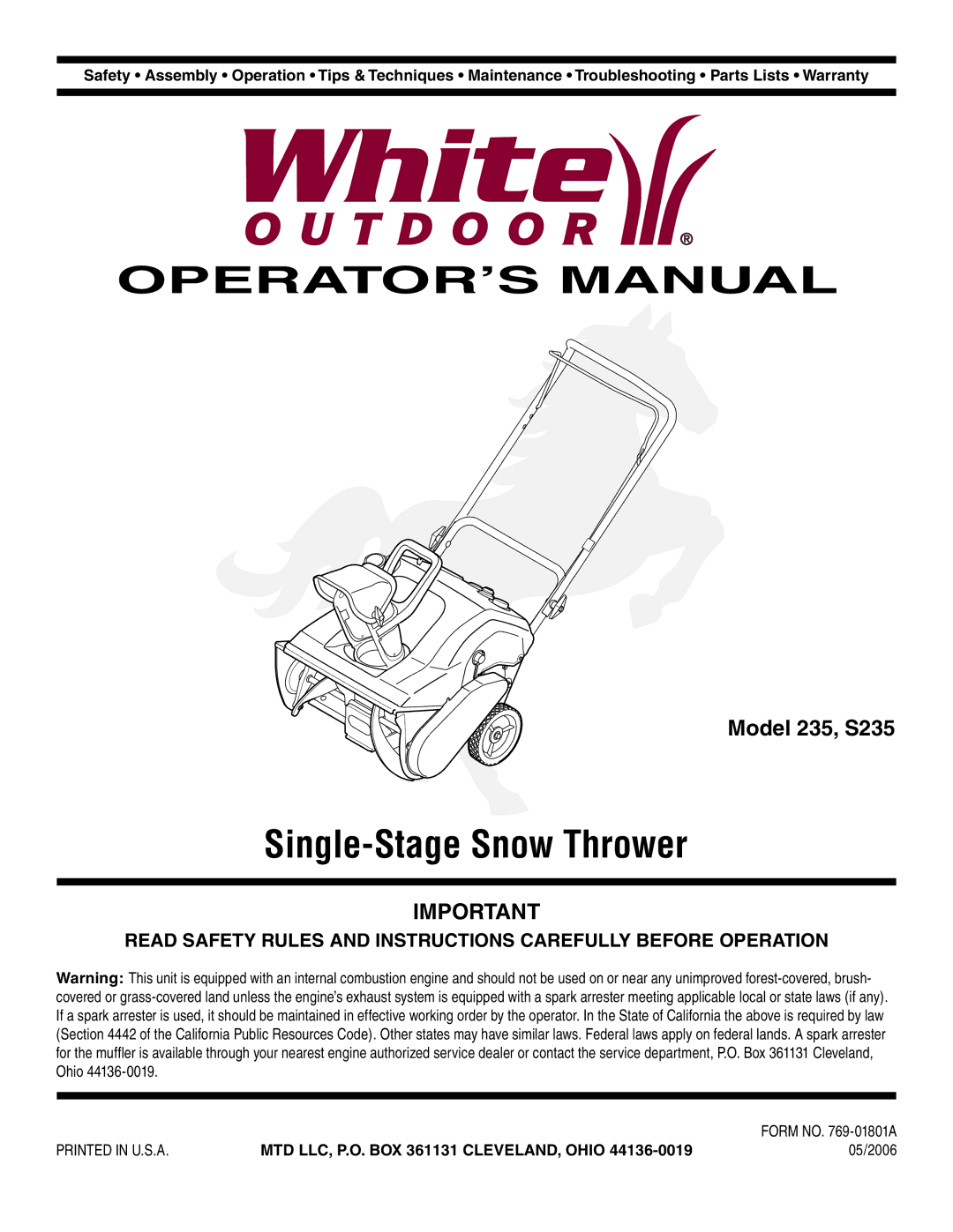 White Outdoor 9235 warranty Single-Stage Snow Thrower, Model 235, S235, 05/2006 