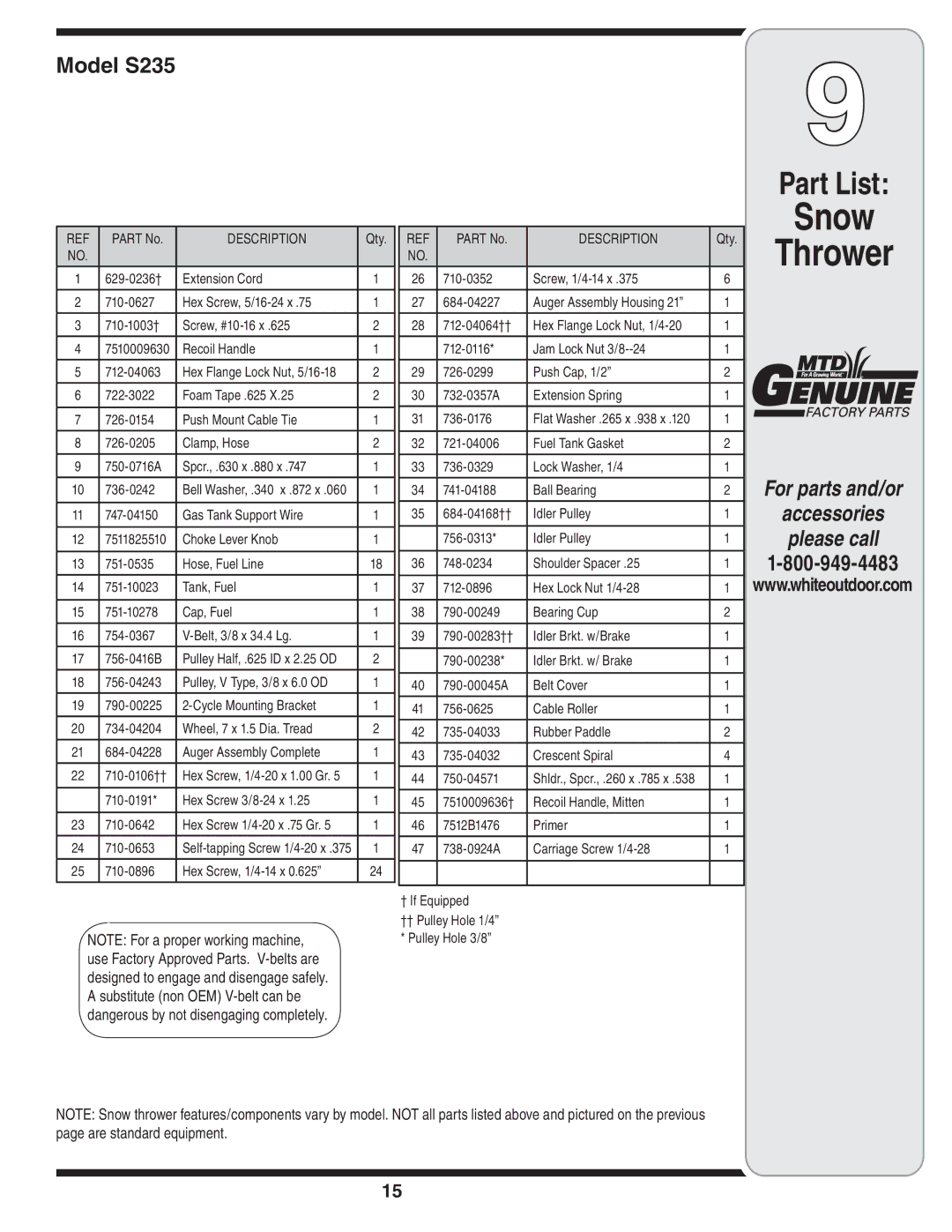 White Outdoor 9235 warranty Snow Thrower, Part List 