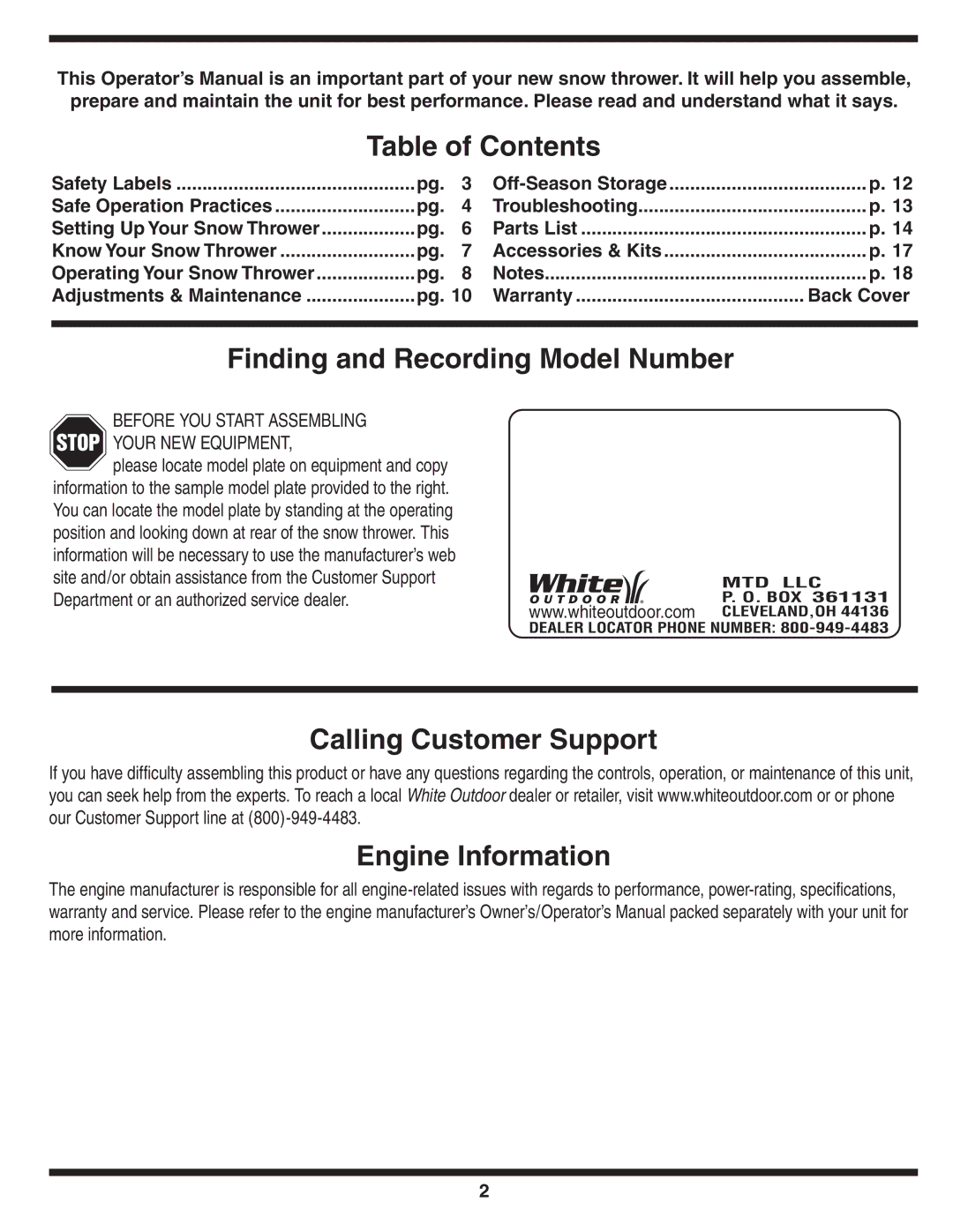 White Outdoor 9235 warranty Table of Contents 