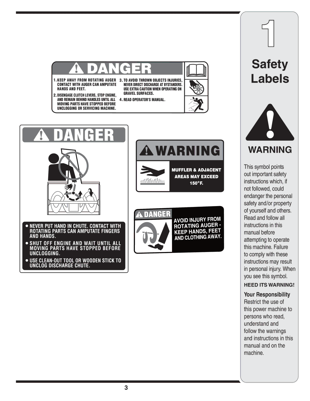 White Outdoor 9235 warranty Safety Labels, Your Responsibility 