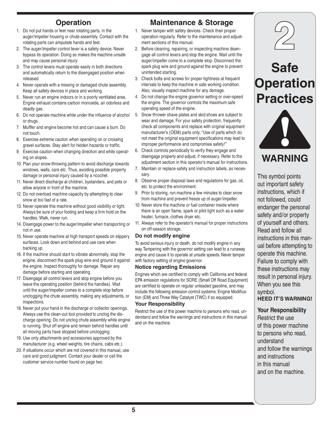 White Outdoor 9235 warranty Safe Operation Practices, Maintenance & Storage, Restrict the use 