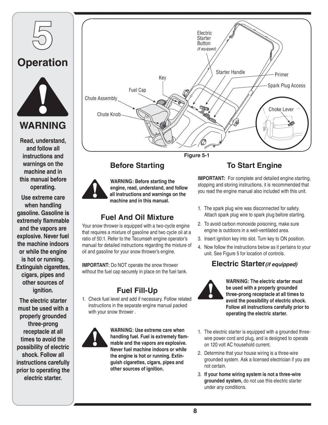 White Outdoor 9235 warranty Operation, Before Starting, Fuel And Oil Mixture, Fuel Fill-Up, Electric Starterif equipped 