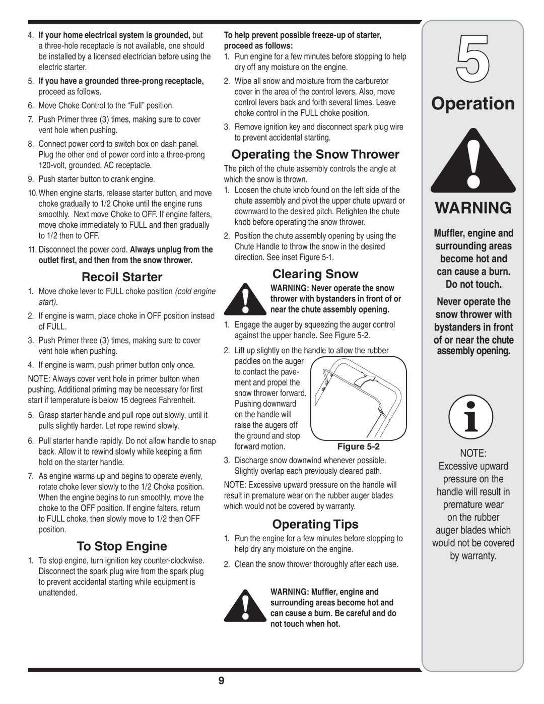 White Outdoor 9235 warranty Recoil Starter, To Stop Engine, Operating the Snow Thrower, Clearing Snow, Operating Tips 