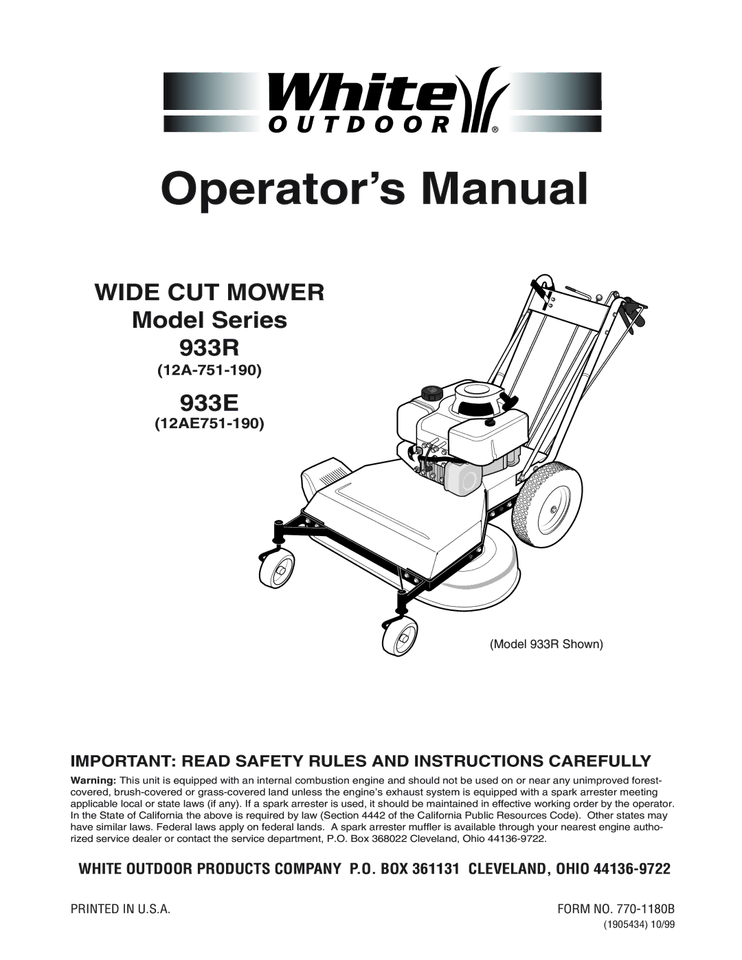 White Outdoor 933E manual Operator’s Manual, Model 933R Shown 