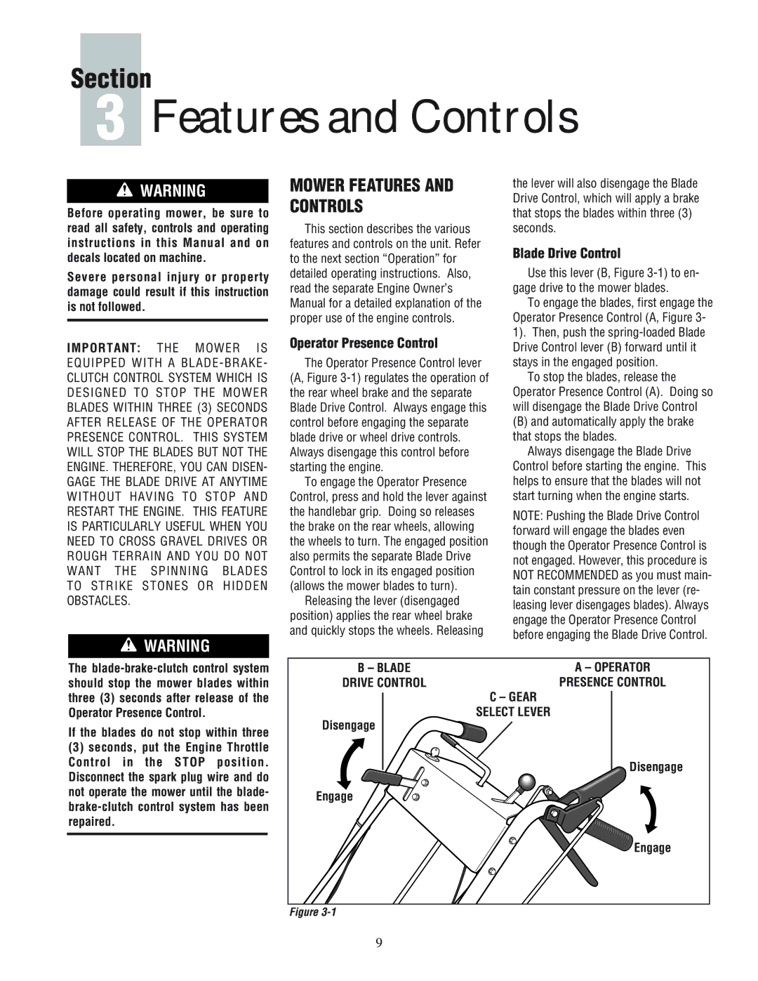 White Outdoor 933R, 933E manual Features and Controls, Operator Presence Control, Blade Drive Control 