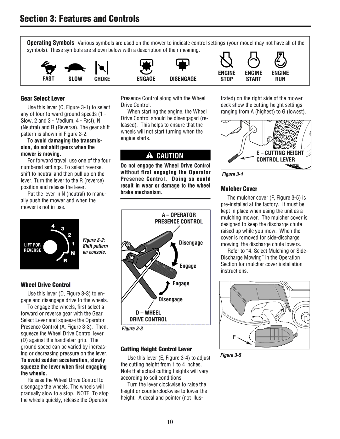 White Outdoor 933E, 933R manual Features and Controls, Gear Select Lever, Wheel Drive Control, Cutting Height Control Lever 