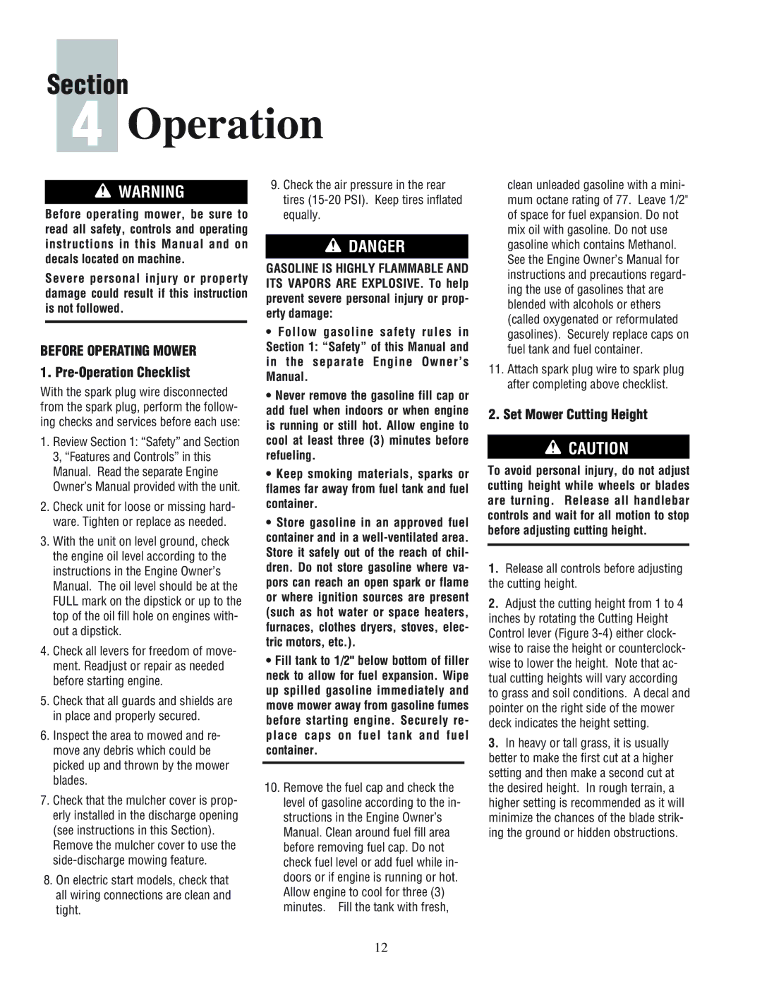 White Outdoor 933E, 933R manual Before Operating Mower, Pre-Operation Checklist, Set Mower Cutting Height 