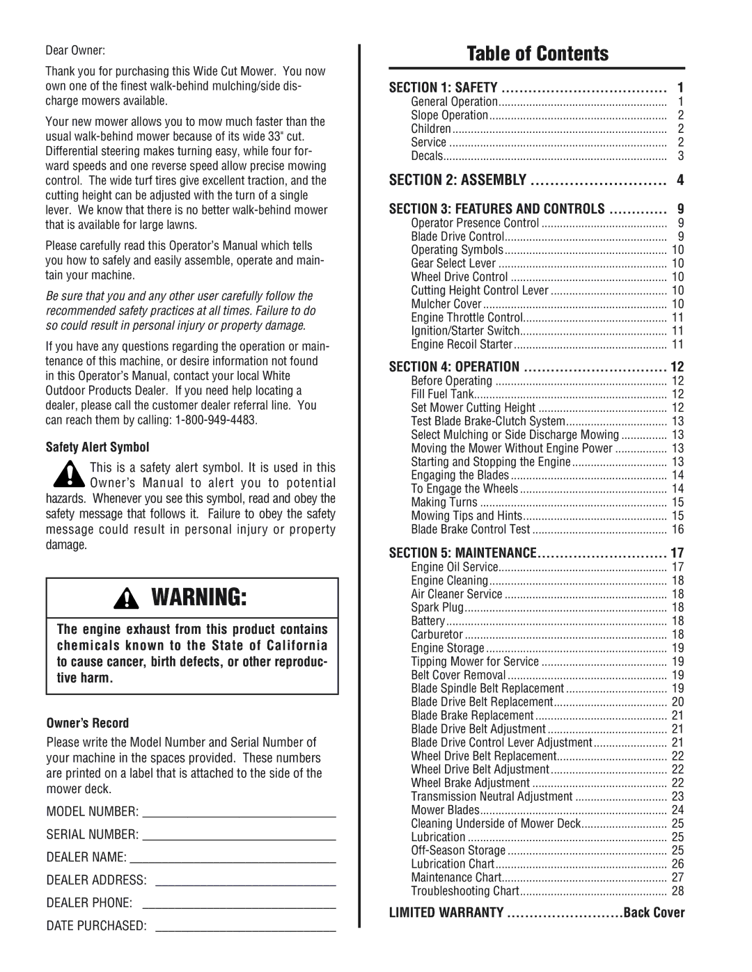 White Outdoor 933E, 933R manual Table of Contents 