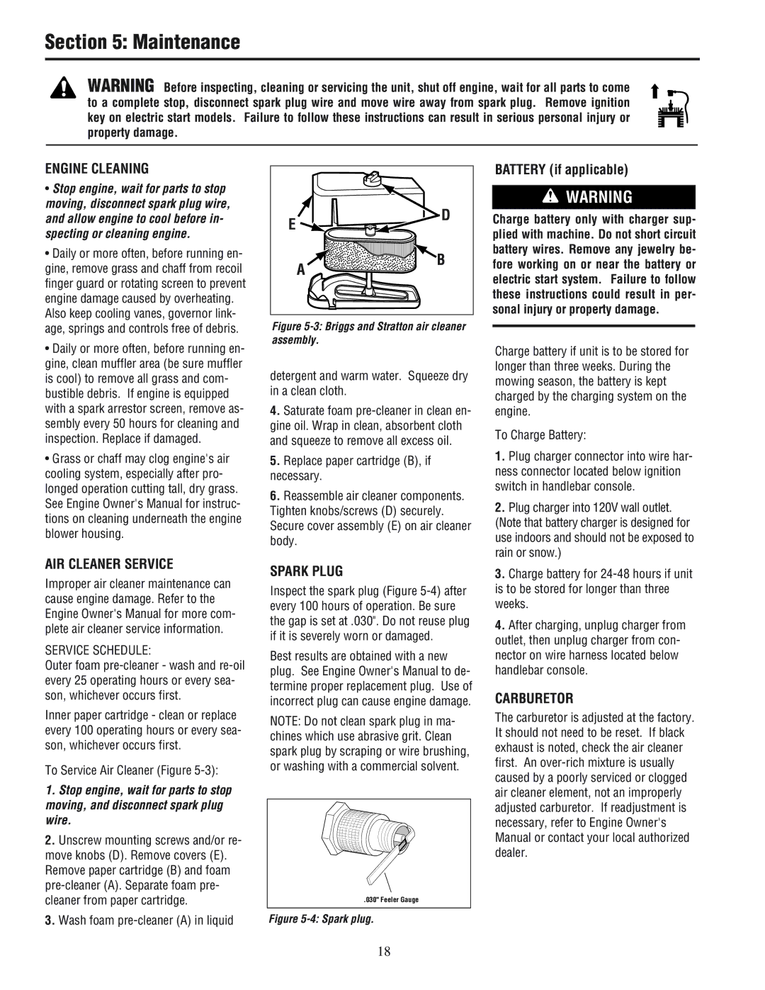 White Outdoor 933E, 933R manual Maintenance, Engine Cleaning, AIR Cleaner Service, Spark Plug, Carburetor 