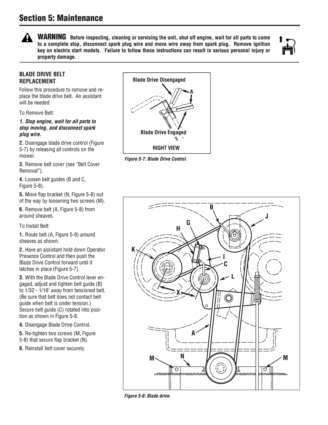 White Outdoor 933E, 933R manual Blade Drive Belt Replacement, Blade Drive Disengaged Blade Drive Engaged 