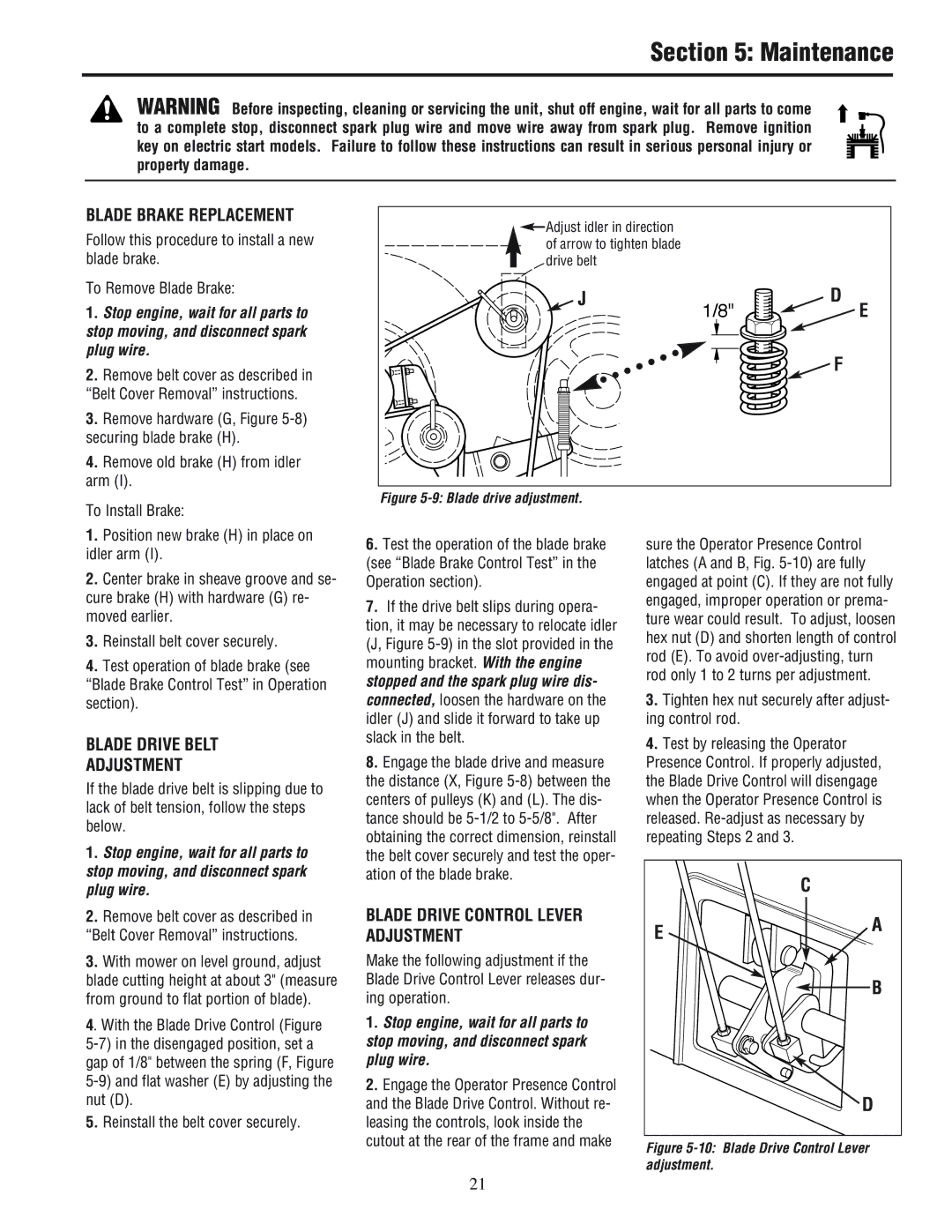 White Outdoor 933R, 933E manual Blade Brake Replacement, Blade Drive Belt Adjustment, Blade Drive Control Lever Adjustment 