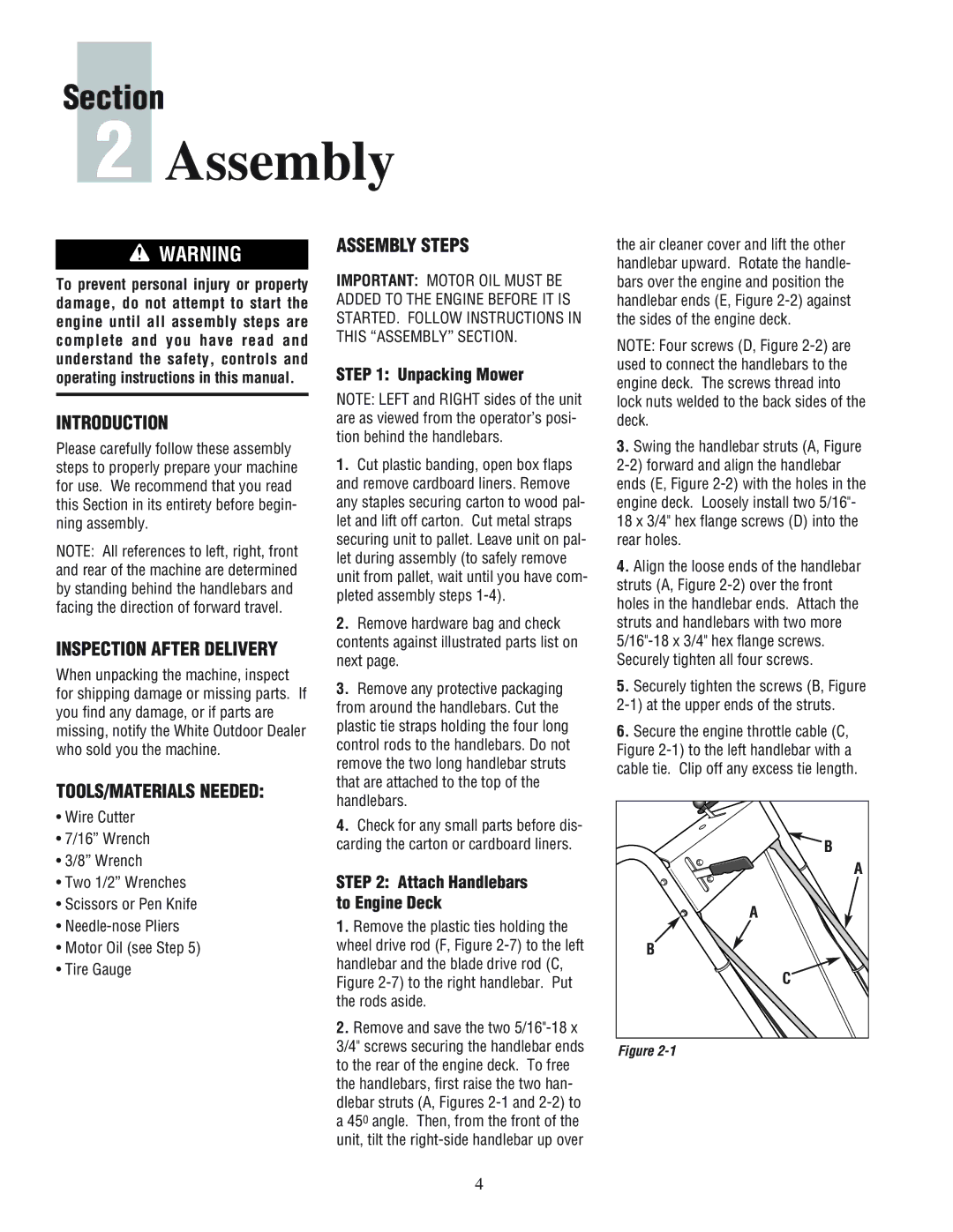 White Outdoor 933E, 933R manual Assembly, Inspection After Delivery, Unpacking Mower, Attach Handlebars to Engine Deck 