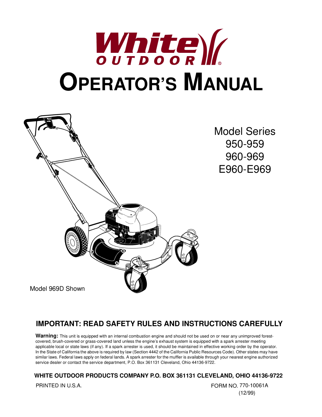 White Outdoor 950-959, 960-969, E960-E969 manual OPERATOR’S Manual 