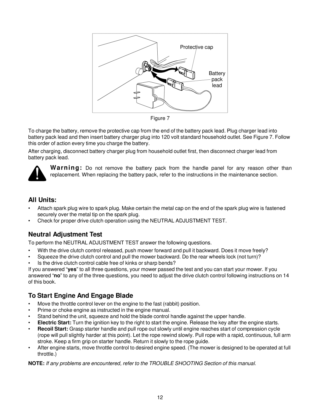 White Outdoor 960-969, 950-959, E960-E969 manual All Units, Neutral Adjustment Test, To Start Engine And Engage Blade 