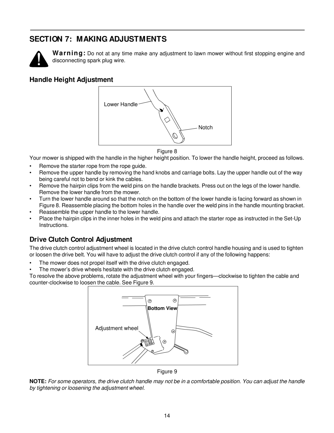 White Outdoor E960-E969, 960-969, 950-959 Making Adjustments, Handle Height Adjustment, Drive Clutch Control Adjustment 