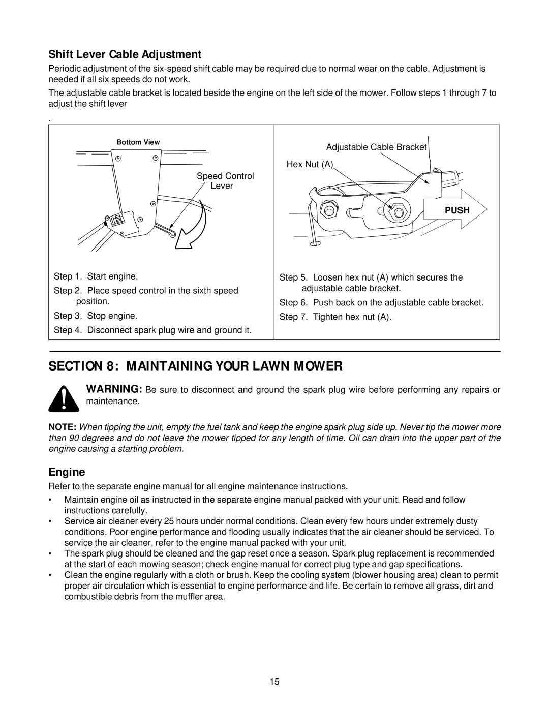 White Outdoor 960-969, 950-959, E960-E969 manual Maintaining Your Lawn Mower, Shift Lever Cable Adjustment, Engine 