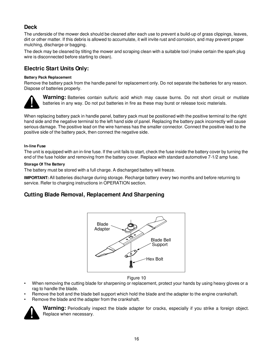 White Outdoor 950-959, 960-969 manual Deck, Electric Start Units Only, Cutting Blade Removal, Replacement And Sharpening 