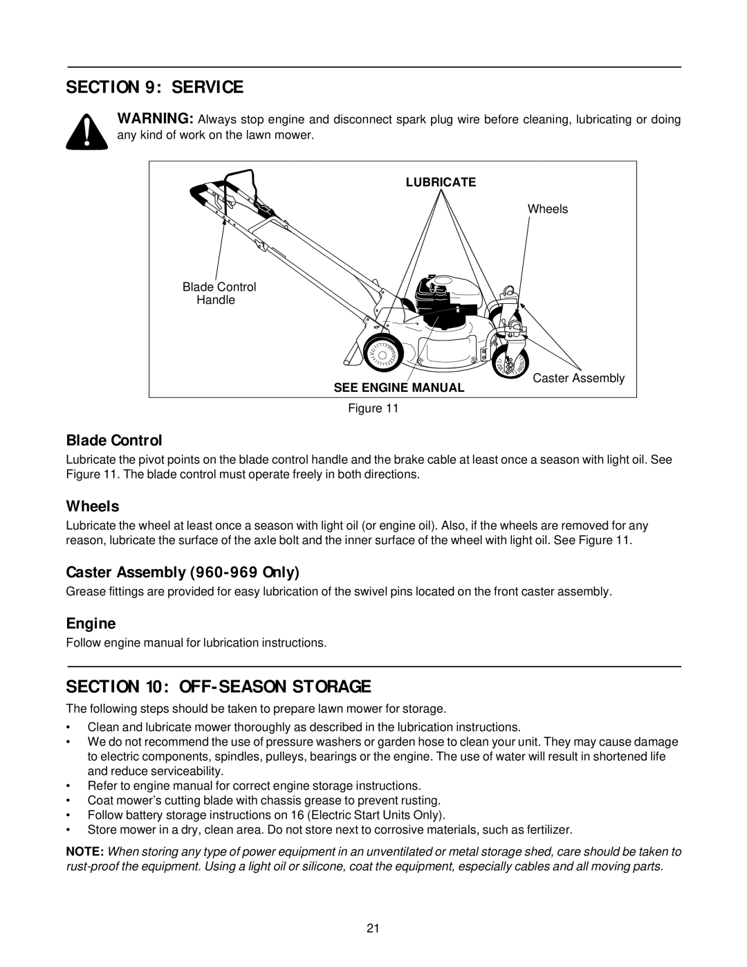 White Outdoor 950-959, E960-E969 manual Service, OFF-SEASON Storage, Blade Control, Wheels, Caster Assembly 960-969 Only 