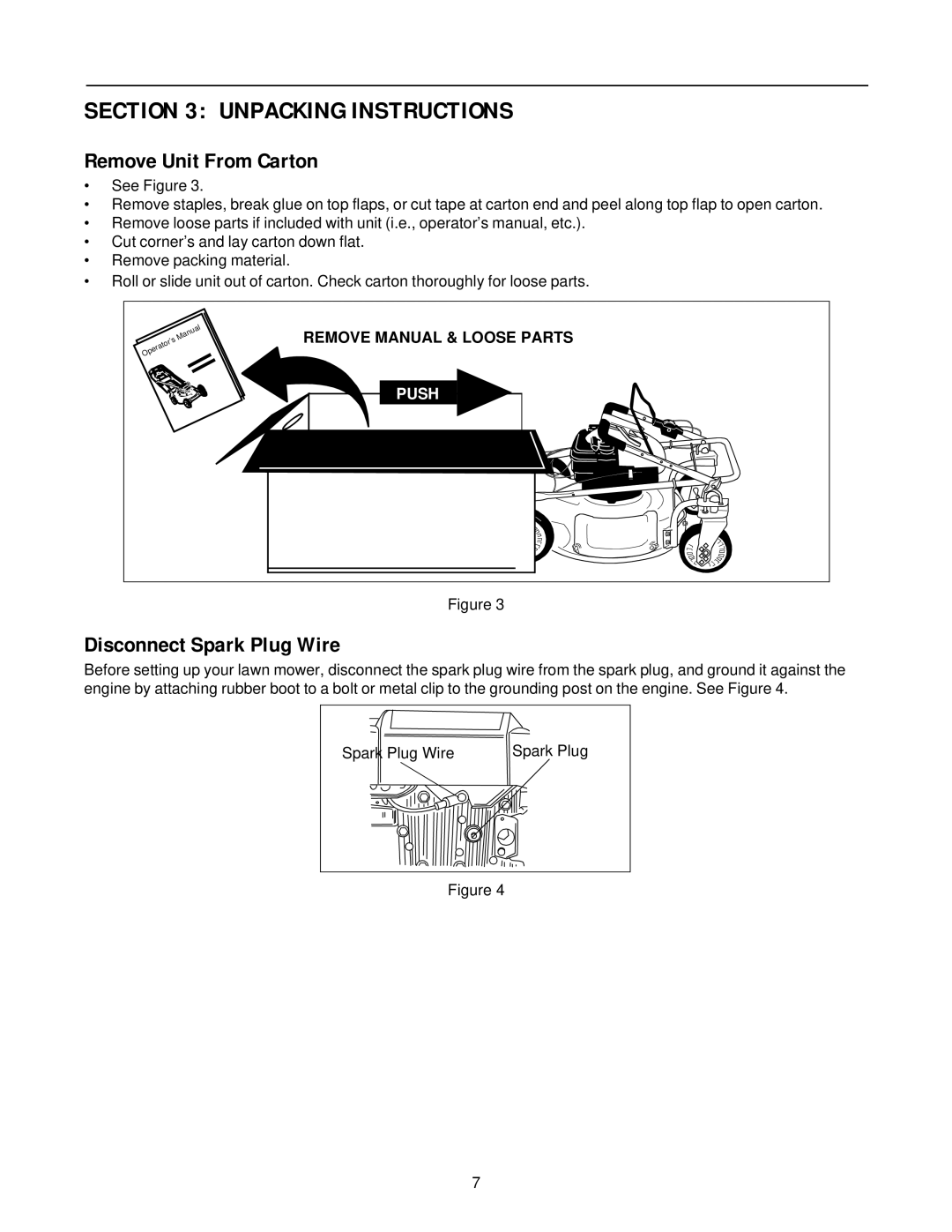 White Outdoor 950-959, 960-969, E960-E969 manual Unpacking Instructions, Remove Unit From Carton, Disconnect Spark Plug Wire 