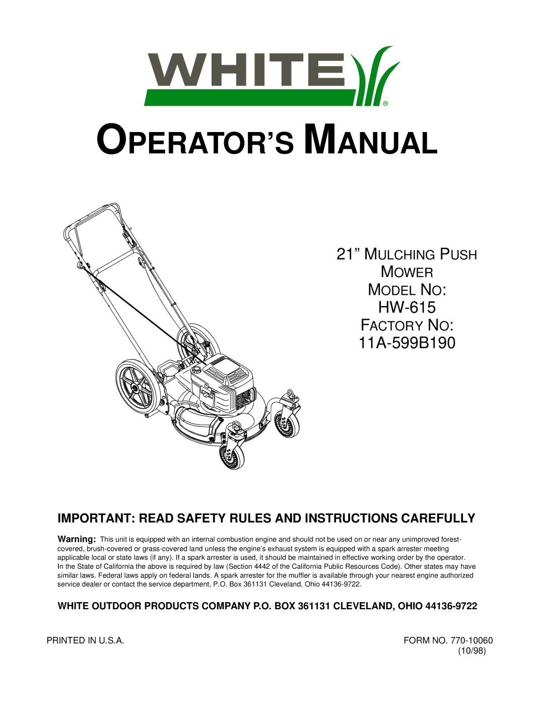 White Outdoor HW-615 manual OPERATOR’S Manual 