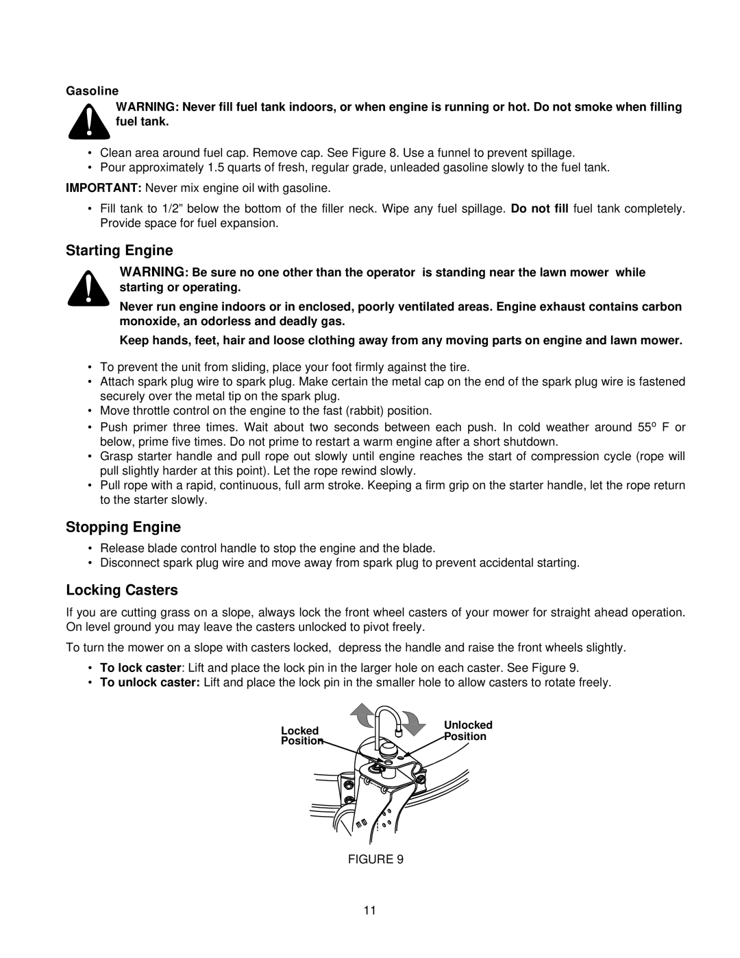 White Outdoor HW-615 manual Starting Engine, Stopping Engine, Locking Casters, Gasoline 