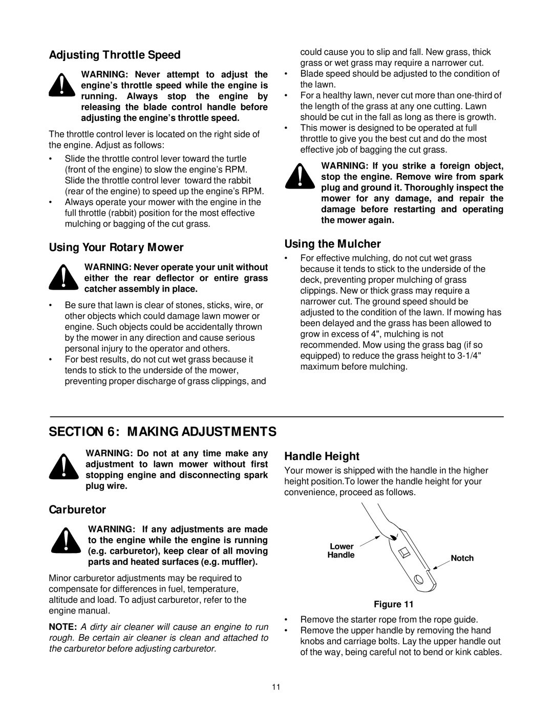 White Outdoor HW-656 manual Adjusting Throttle Speed, Using Your Rotary Mower, Using the Mulcher, Handle Height, Carburetor 