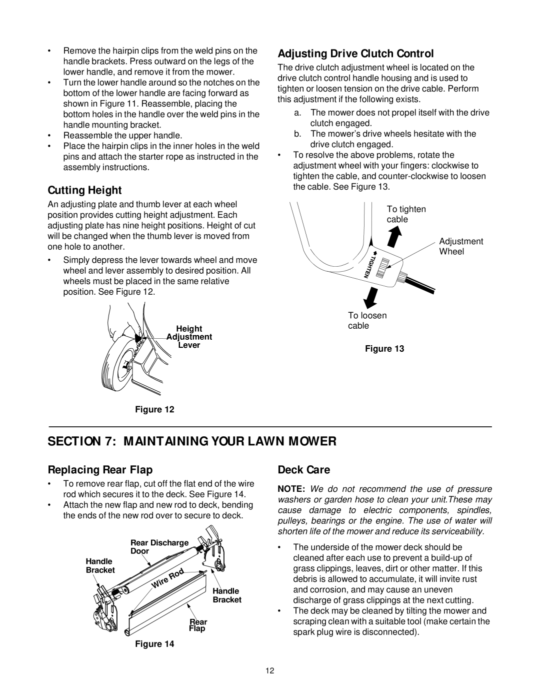 White Outdoor HW-656 Maintaining Your Lawn Mower, Cutting Height, Adjusting Drive Clutch Control, Replacing Rear Flap 