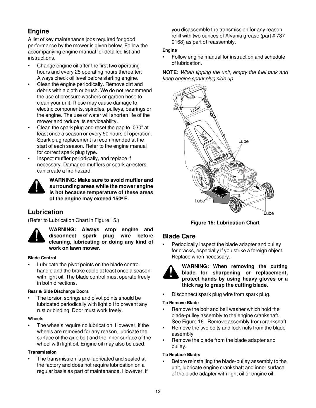 White Outdoor HW-656 manual Engine, Lubrication, Blade Care 