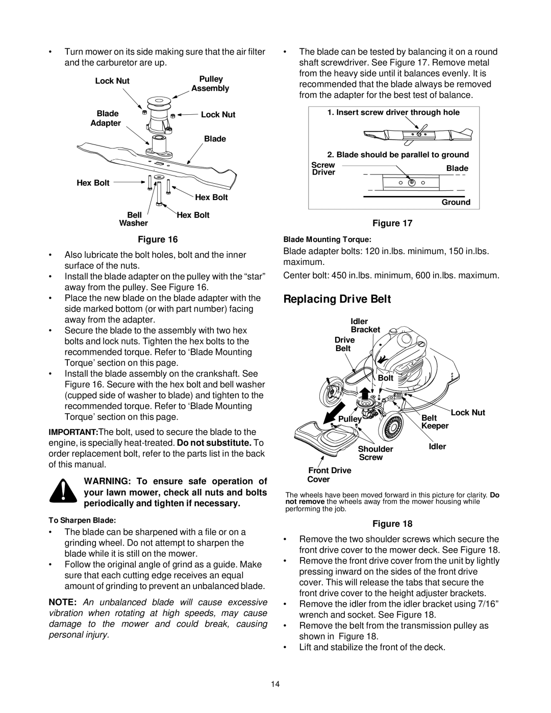 White Outdoor HW-656 manual Replacing Drive Belt, To Sharpen Blade, Blade Mounting Torque 