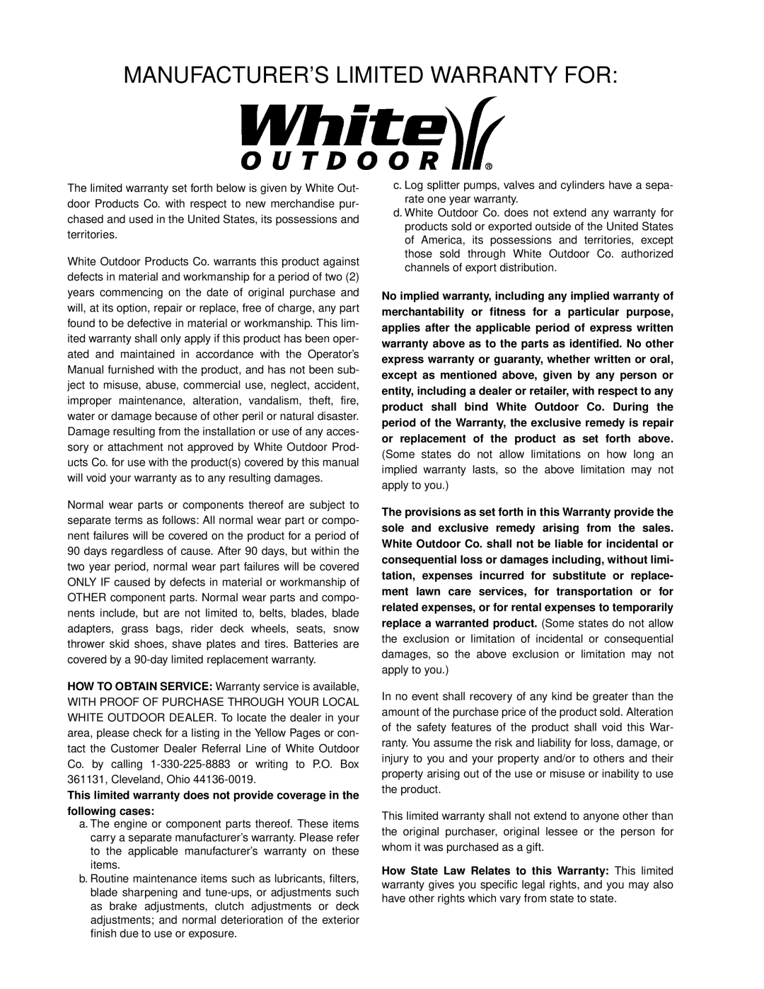 White Outdoor HW-656 manual MANUFACTURER’S Limited Warranty for 