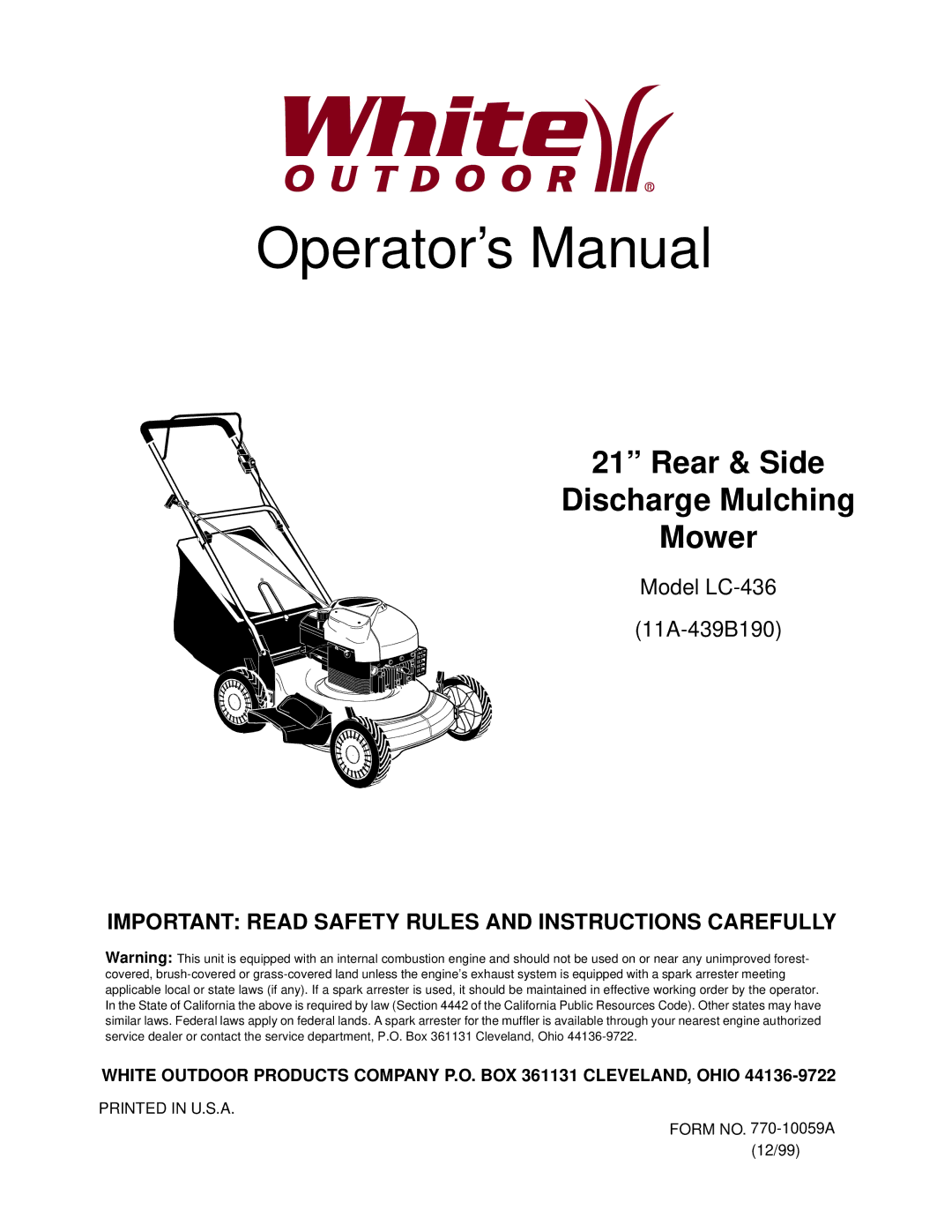 White Outdoor LC-436 manual Operator’s Manual 