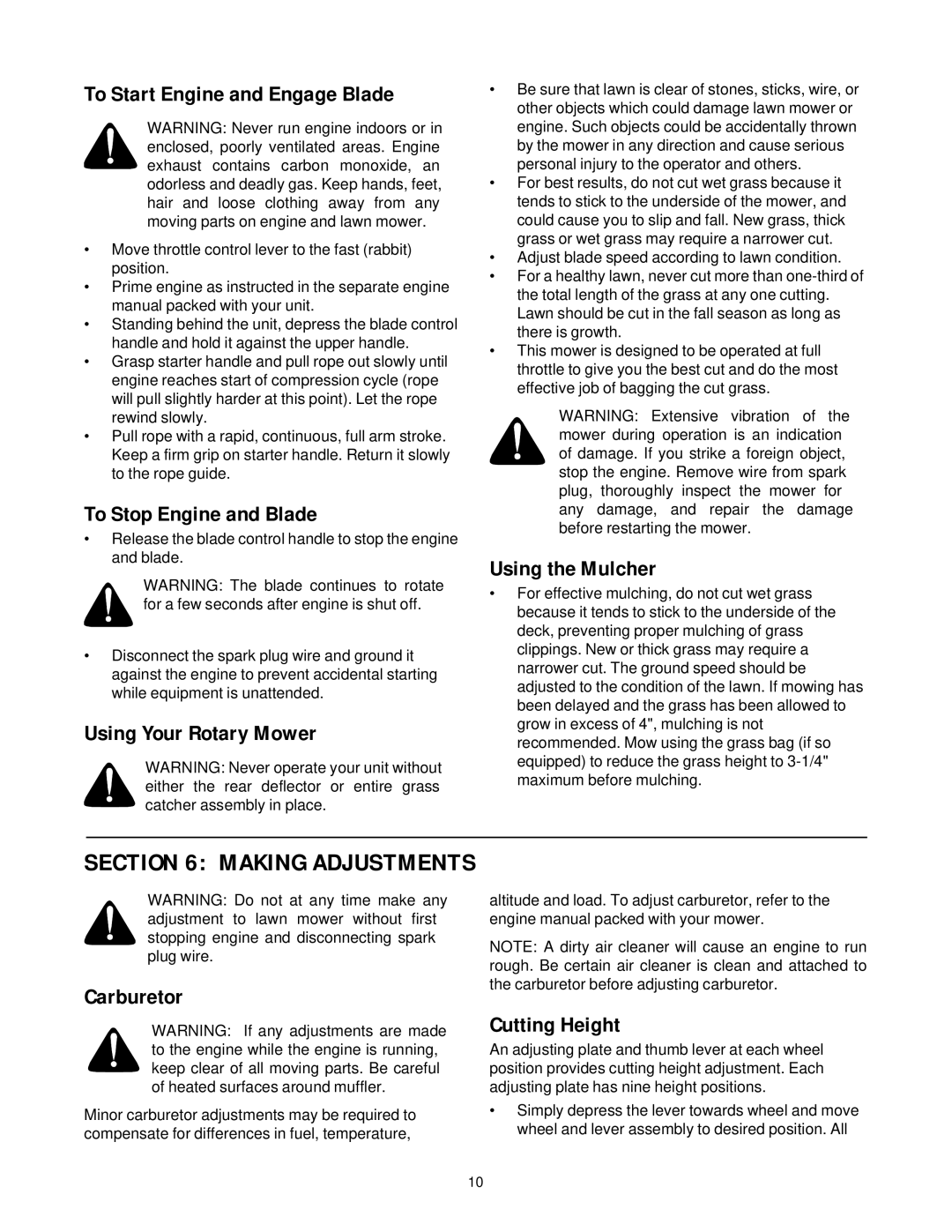 White Outdoor LC-436 manual To Start Engine and Engage Blade, To Stop Engine and Blade, Using Your Rotary Mower, Carburetor 