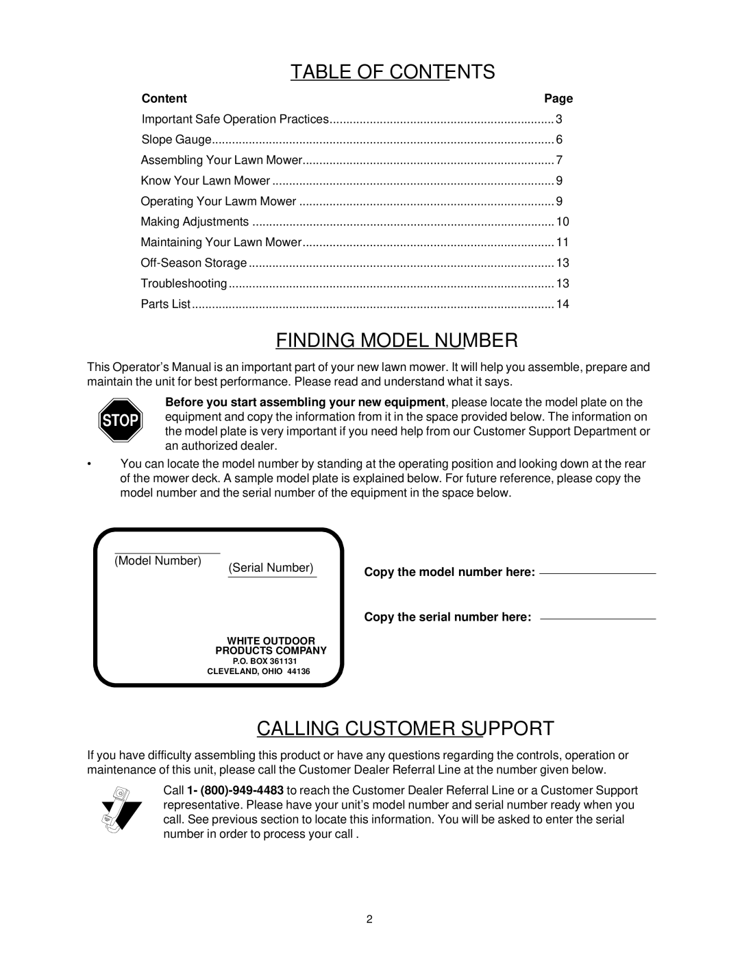 White Outdoor LC-436 manual Table of Contents 