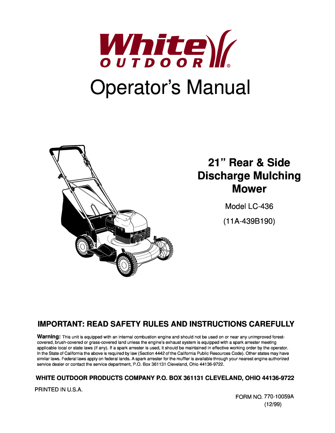 White Outdoor LC-436 manual WHITE OUTDOOR PRODUCTS COMPANY P.O. BOX 361131 CLEVELAND, OHIO, Operator’s Manual 