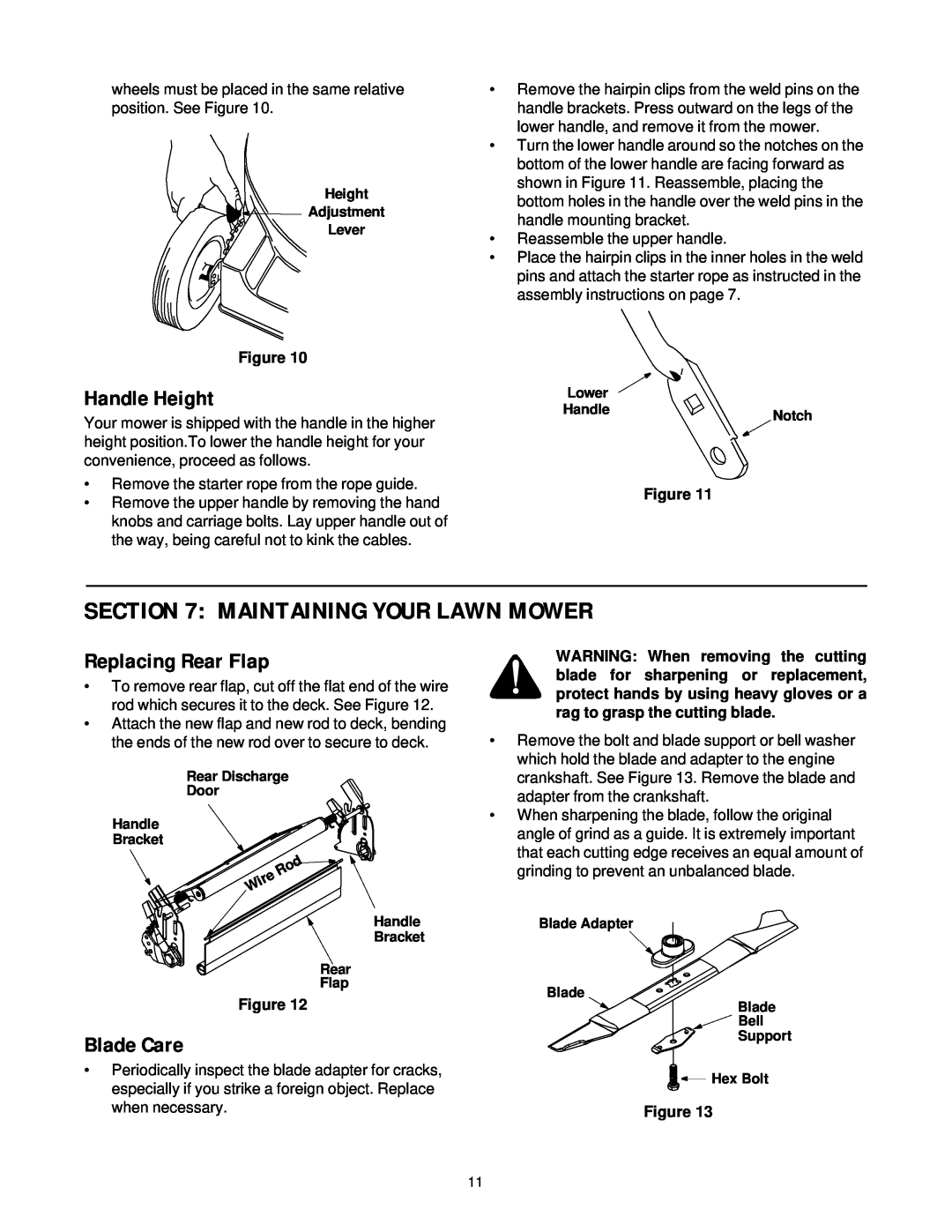 White Outdoor LC-436 manual Maintaining Your Lawn Mower, Handle Height, Replacing Rear Flap, Blade Care 