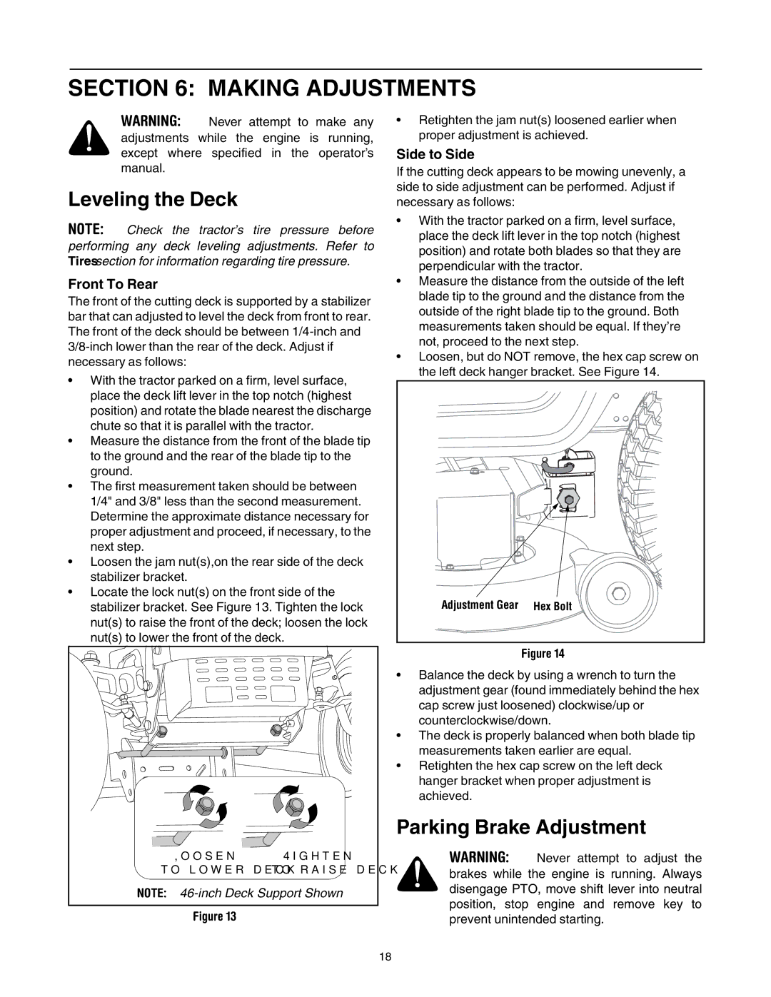 White Outdoor LT-542K, LT-942K, LT-946K Making Adjustments, Leveling the Deck, Parking Brake Adjustment, Front To Rear 