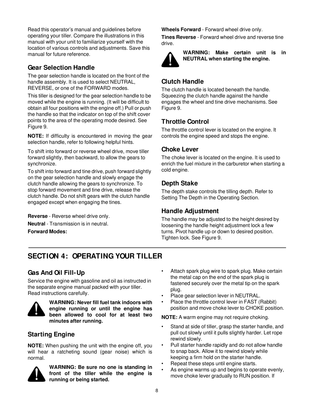 White Outdoor RB-530 manual Operating Your Tiller 