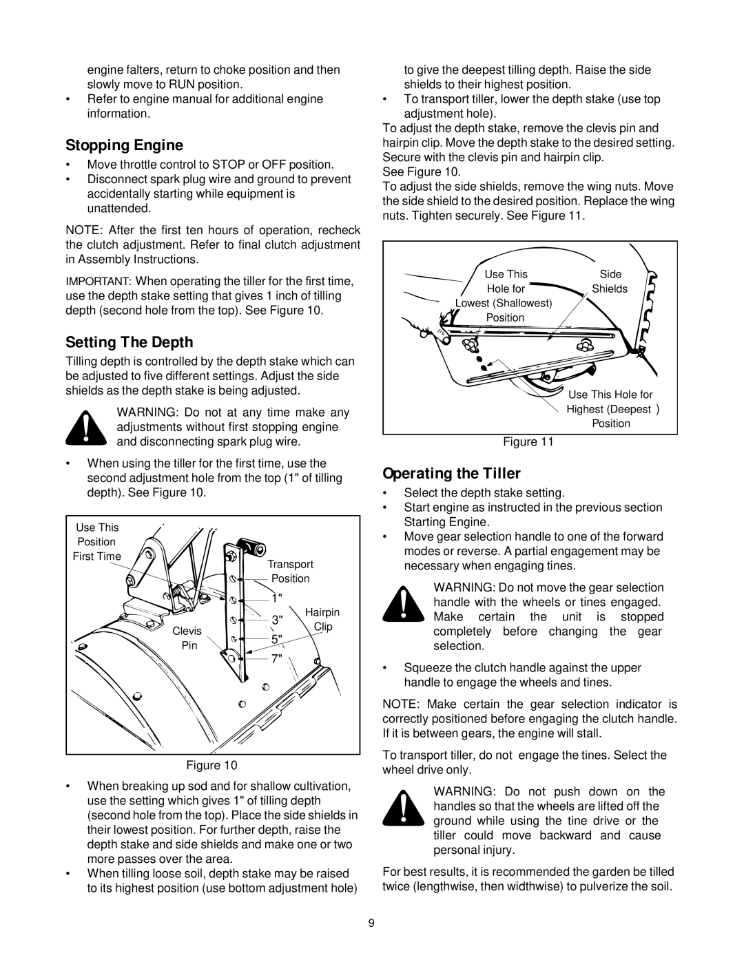 White Outdoor RB-530 manual Stopping Engine, Setting The Depth, Operating the Tiller 