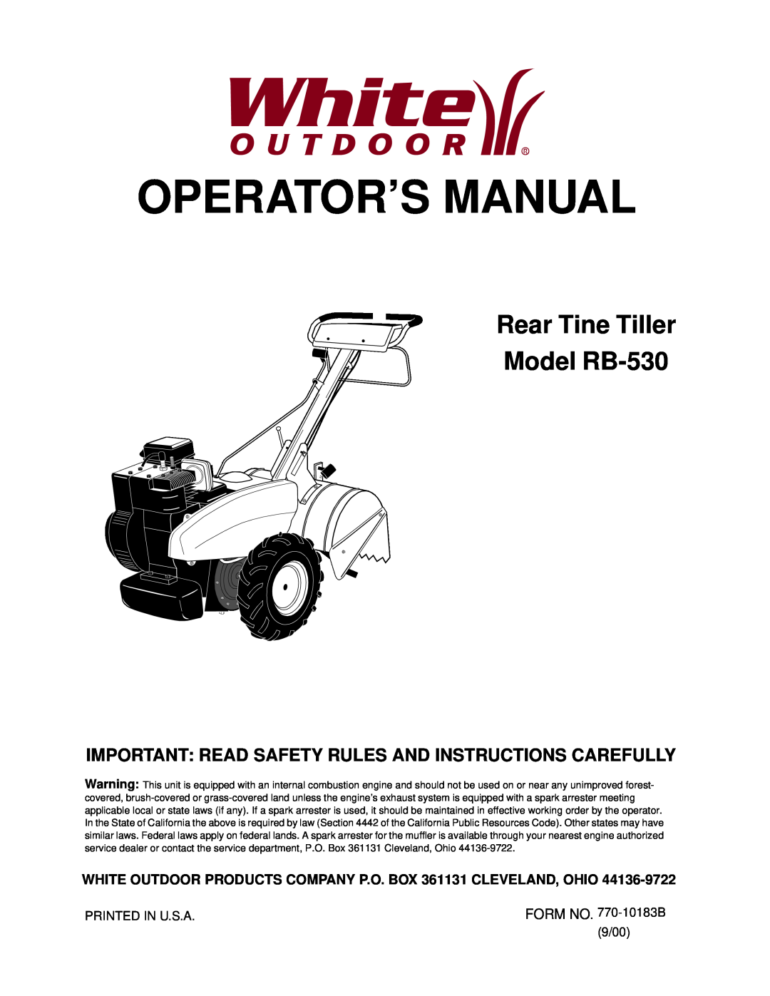 White Outdoor manual Operator’S Manual, Rear Tine Tiller Model RB-530 